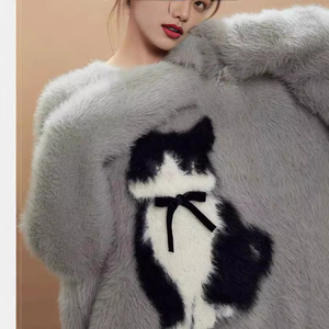 2024 Spring New Arrival <strong>Women's</strong> Crew Neck Long Sleeve Jacquard Soft Sweater <strong>Jumper</strong> Casual Style Cartoon <strong>Cat</strong> Animal Design - Product Image 1