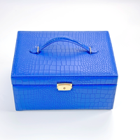 Boîte de rangement à bijoux de luxe bleue, grande, carrée, design rectangulaire, portable, avec poignée en cuir, serrure en métal doré, couvercle pour montres, en cuir PU effet crocodile