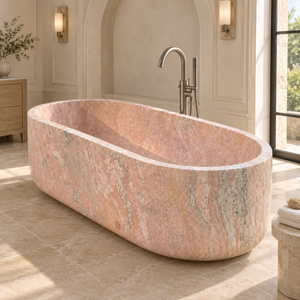 Bañera independiente de ónix rosa, bañera de piedra sólida de mármol rosa natural para baño de lujo. - Product Image 2
