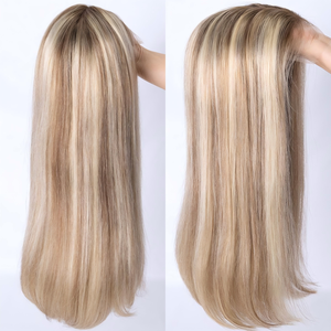 Peluca médica en stock con reflejos rubios, 100% cabello humano, encaje frontal, nudo único en la línea del cabello con silicona antideslizante - Product Image 1
