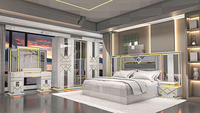 Lit king size moderne de luxe, tête de lit en MDF brillant, ensemble complet de 5 pièces, meubles de chambre à coucher en bois