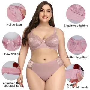 Conjunto de sujetador con aros de lujo de alta calidad, conjunto de sujetador y bragas de talla grande Hipster transparente con bordado fino de cadena lisa con lazo