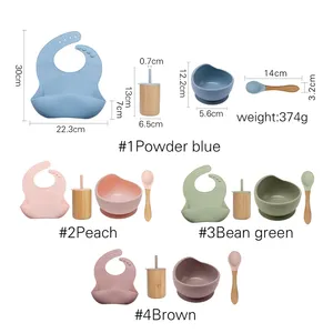Children's Silicone Bib Bowl Spoon Bamboo Sippy Cup Tableware Set Baby Feeding Set