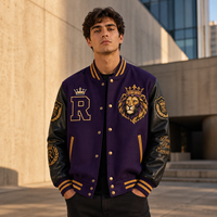 Veste de baseball personnalisée avec logo brodé, en coton violet, polyester, polaire, manches en simili cuir, streetwear, veste d'équipe