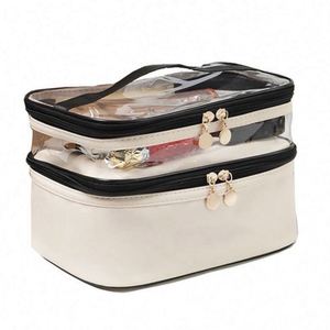 Estuche de Maquillaje de PU de Doble Capa, Organizador de Cosméticos de Viaje, Bolsa de Aseo para el Cuidado de la Piel - Product Image 1