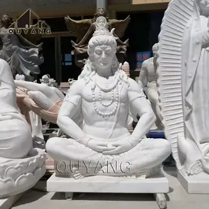 QUYANG有名な等身大インド宗教瞑想仏彫刻庭ヒンドゥー教の神白い大理石の主シヴァ像