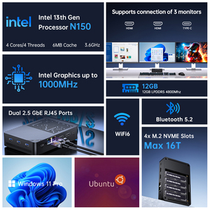 Cheap <strong>Intel</strong> N150 NAS Mini PC with 4*M.2 NVME <strong>Quad</strong> <strong>Cores</strong> 12G DDR5 64G EMMC Dual LAN Triple Display Low Power WiFi6 BT5.2 - Product Image 6