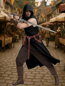 Ensemble de costumes médiévaux Renaissance pour hommes - 4 pièces : Surchemise sans manches à capuche style Viking, tenue de cosplay pour foires Renaissance et Halloween - Product Image 5