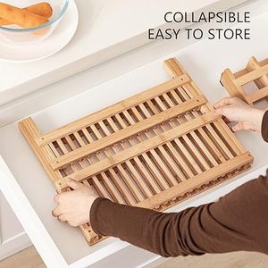 Escurridor de platos plegable de bambú de 2 niveles con bandeja de drenaje para almacenamiento de vajilla en la cocina - Product Image 4