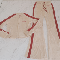 Pakaian Wanita Terbaru Berkualitas Tinggi, Setelan Olahraga Beludru Bergaris Custom, Jaket Resleting dan Celana Jogger Bahan Velour