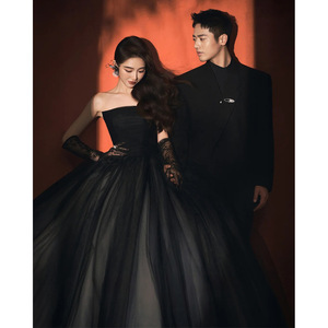 Black Strapless Ball Gown Chiffon Natural Waist Mesh Evening Dress For Banquet Birthday Wedding - Product Image 3