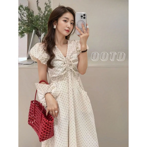 Vestido Midi de lunares <span class=keywords><strong>para</strong></span> mujer con mangas abullonadas, escote acentuado con lazo, práctico detalle de bolsillo, perfecto <span class=keywords><strong>para</strong></span> días de trabajo informales - Product Image 2