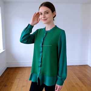 Camicia in Lana e Seta con Patchwork a Quadri <span class=keywords><strong>Verde</strong></span> Personalizzata per Donne, <span class=keywords><strong>Blusa</strong></span> da Signora - Product Image 2