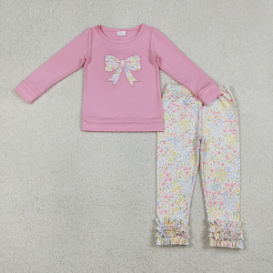 Conjunto de Ropa de Primavera para Niñas, Blusa Azul con Bordado de Lazo y Pantalones con Flores Coloridas - Product Image 2