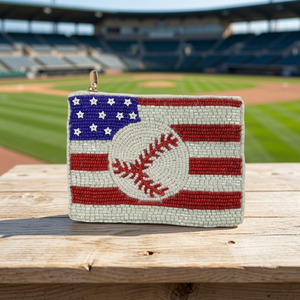 Pochette zippée carrée en coton faite à la main avec perles et drapeau de baseball, mini sac à monnaie brodé pour cadeau sportif ou décoration - Product Image 1