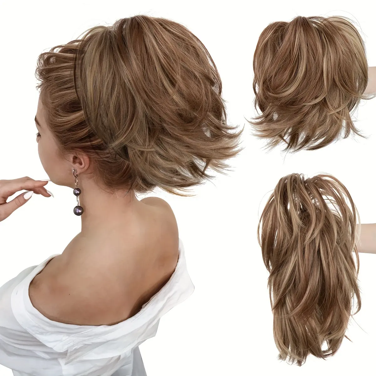 Mảnh tóc updo ngay lập tức-búi tóc lộn xộn, đuôi ngựa tổng hợp ngắn và phần mở rộng búi tóc cho phụ nữ