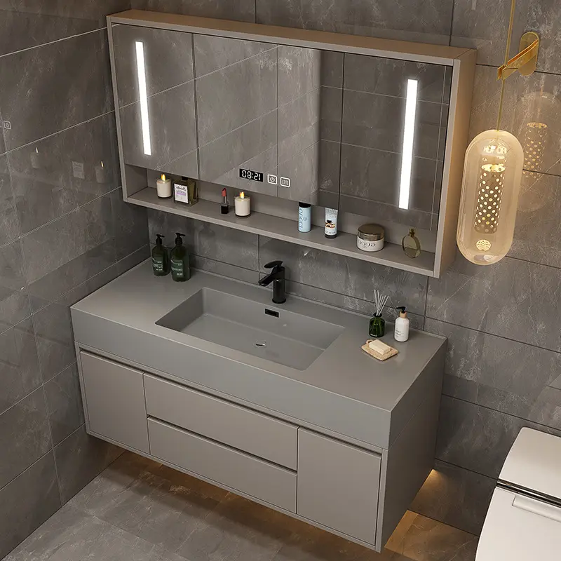 यूरो शैली के बाथरूम काले संगमरमर कैबिनेट स्मार्ट 36 इंच स्नान सिंक्रनाइड पत्थर के साथ काउंटर टॉप निलंबित डबल सिंक के साथ