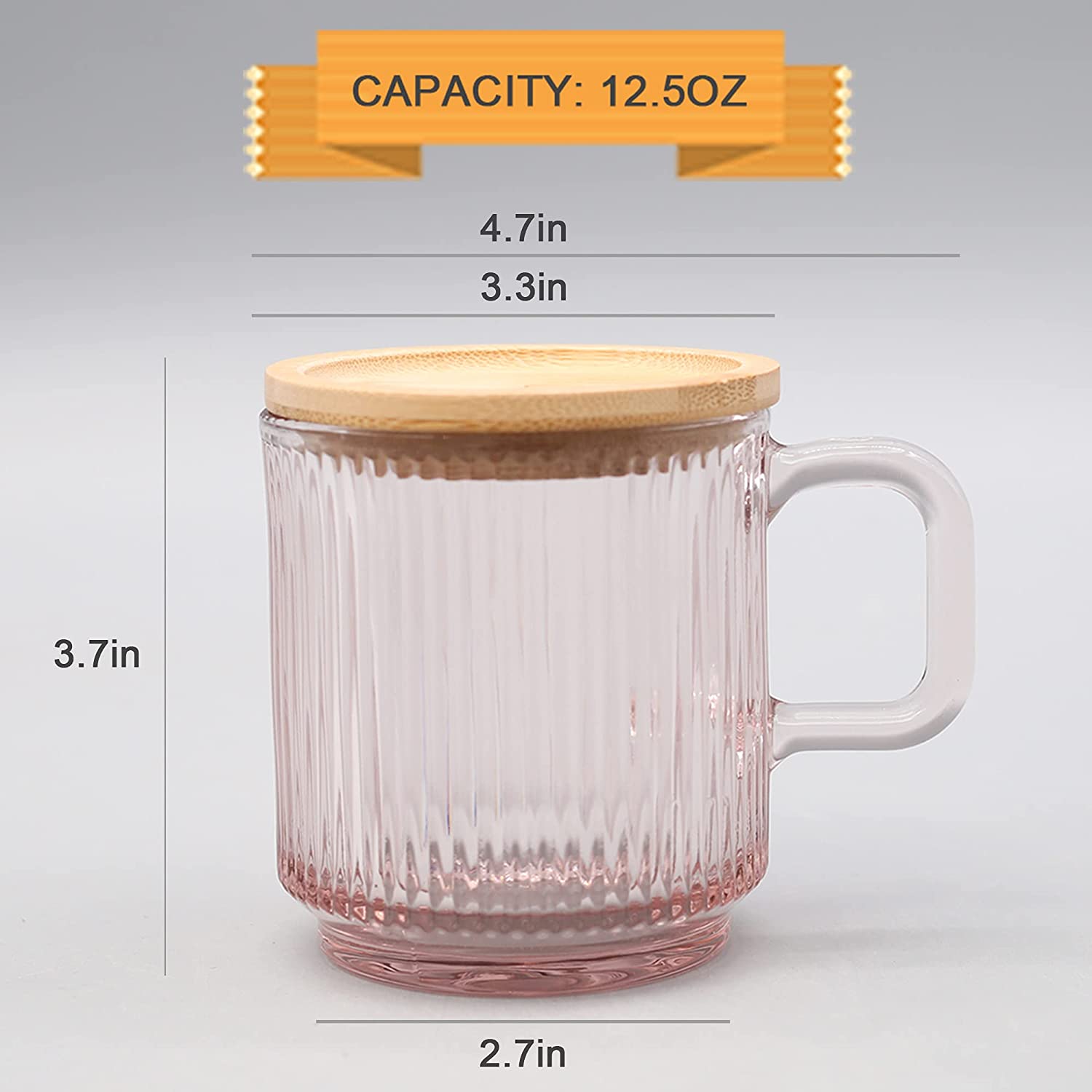 Pink Glass Coffee Mug with Lid  Premium Classical Vertical Stripes Glass Tea Cup 12.5oz