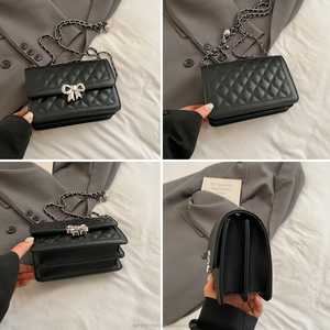 <span class=keywords><strong>Sac</strong></span> à bandoulière matelassé pour femme en cuir PU <span class=keywords><strong>noir</strong></span> avec fermoir nœud <span class=keywords><strong>argent</strong></span>é et chaîne, <span class=keywords><strong>sac</strong></span> à main à rabat pour femme - Product Image 3