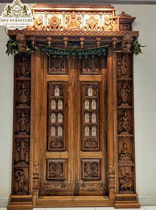 Achetez une porte d'entrée artisanale pour mandir de Puja avec sculpture Gajalakshmi, style temple indien du sud, porte double en bois pour mandir domestique - Product Image 5