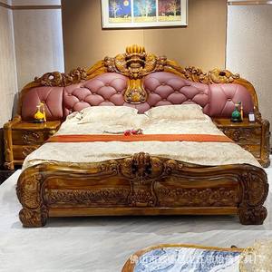 Роскошная кровать из массива дерева и кожи в китайском стиле, двуспальная кровать в новом стиле с золотой и черной отделкой для вилл и спален - Product Image 4