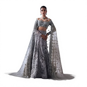 Elegante Conjunto de Lehenga Choli Gris Bordado para Mujer, Vestido Tradicional Indio Pakistaní para Boda, Largo hasta el Suelo, de Algodón sin Arrugas - Product Image 1