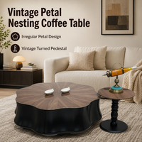 Table Basse de Salon Moderne, Durable et Multifonctionnelle, avec Panneau en Verre Technologique Brillant, Design Pétale Irrégulier, Finition Bois et Roue Métallique, Vente Directe Usine