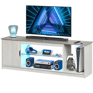 Elegante de madeira LED TV Stand para 65 polegadas TV Gaming Entertainment Centre para PS5 com vidro Prateleira armazenamento display TV stand