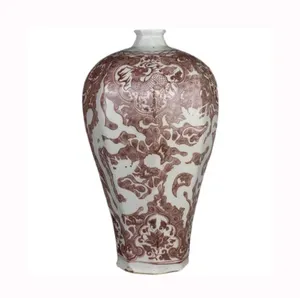 Antika ev dekorasyon Ming sır kırmızı ve beyaz oyma ejderha desen sekizgen porselen lüks vazo