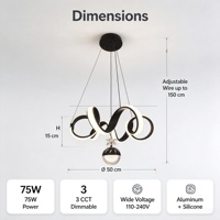 Lustre LED Spirale Infinie en Aluminium Noir 75W 3 CCT, Suspension 50cm 110V/220V CE RoHS pour Salle à Manger et Salon
