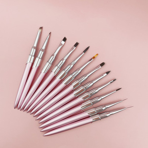 Ensemble de 12 pinceaux à ongles en gel acrylique avec logo personnalisé, manche en métal rose doré, double design français, poils synthétiques - Product Image 1
