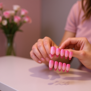 Uñas Postizas Rosa Chic Aura, Estilo Stiletto, Degradado, Cobertura Completa Mediana, con Pestañas Adhesivas, Juego de 24 Piezas - Product Image 2