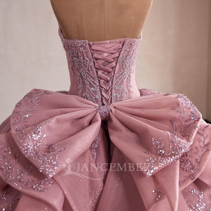Rsm261029 Magnifique Robe de Bal Quinceañera en Chiffon Rose, Décolleté Cœur, Sans Manches, Dos Lacé, Nœud Pailleté, pour Soirée - Product Image 4