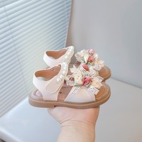 Sandales de princesse pour petites filles, sandales de plage d'été à bout ouvert avec nœud floral et perles, semelle souple pour bébés et jeunes enfants