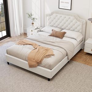 Lit rembourré king avec cadre de lit plateforme Lit avec bouton Tête de lit capitonnée Lits plateforme pour adolescents Adultes <span class=keywords><strong>Chambre</strong></span> <span class=keywords><strong>à</strong></span> <span class=keywords><strong>coucher</strong></span> Blanc - Product Image 2