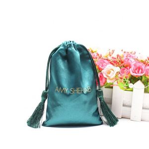 Pochettes à cordon en satin écologiques personnalisées avec pompons, couleur et taille sur mesure, logo imprimé en soie pour l'emballage de petits bracelets - Product Image 4