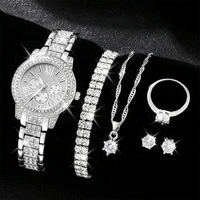 Jam Tangan Quartz Mewah NW1452 Berhiaskan Berlian Imitasi, Jam Tangan Analog Gaya Hiphop & Set Perhiasan 5pcs