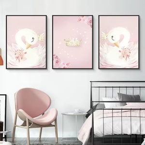 Peinture murale sur toile d'art mural de garderie de bébé fille-affiche de dessin animé de cygne rose-peinture murale décorative de chambre d'enfants nordiques - Product Image 2