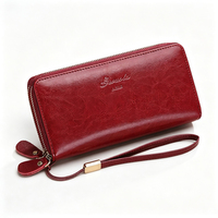 Portefeuille long en cuir de vachette huilé à deux fermetures éclair, multi-compartiments, avec dragonne, pochette téléphone, style rétro, pour voyage et espèces