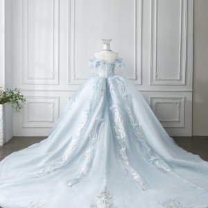 فستان زفاف سندريلا فاخر من أوفيليزا أزرق فستان حفلة أميرات تصميم مكشوف الكتفين ثلاثي الأبعاد مزين بلمعان بلورات مطرزة - Product Image 6