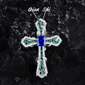 Leichte Luxus Schwerindustrie Smaragdblau Diamant Kreuz Halskette Frauen Schmuck Design Saphir Anhänger