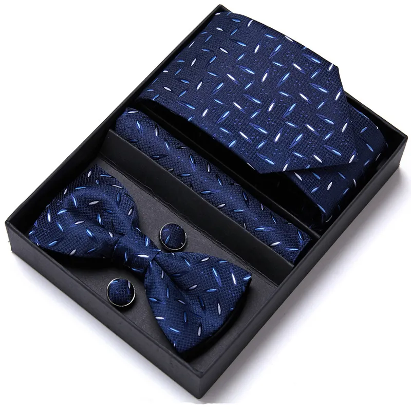 Bellissimo set regalo di cravatta e gemelli quadrati tascabili in seta o poliestere