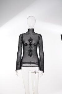 <b>Black</b> Sheer <b>Mesh</b> Turtleneck <b>Long</b> <b>Sleeve</b> <b>Top</b> Women Gothic Cross Print See Through Slim Fit Sexy Party Club <b>Top</b> - Product Image 6