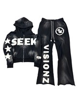 Ensemble pantalon de survêtement et sweat à capuche personnalisé en coton vieilli coupé et cousu avec fermeture à glissière et délavé à l'acide