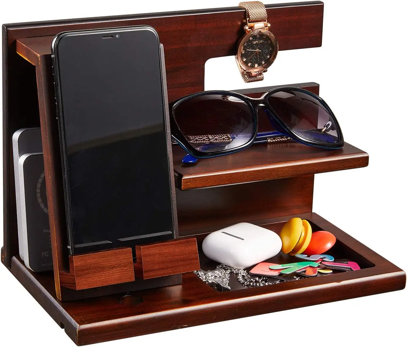 Black Wood Phone Docking Station Nightstand Organizer Desk Accessories Key Holder Watch Organizer