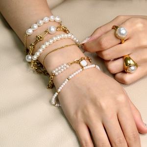 Pulseras de Perlas Chapadas en Oro Elegantes y Personalizables al por Mayor, Cadena de Eslabones Ovalados, Dijes de Acero Inoxidable, Pulseras de Cuentas para Mujer - Product Image 6