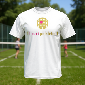 T-shirt I Heart Pickleball blanc pour adulte unisexe, col rond, manches courtes, sports et jeux, impression sérigraphique - Product Image 3