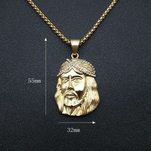 Collier pendentif visage de Jésus plaqué or, en acier inoxydable avec sertissage pavé, bijou unisexe, cadeau, chaîne - Product Image 4