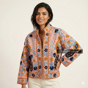 Chaqueta Suzani de Terciopelo Hecha a Mano de Pinksa Fashion |   Abrigo de Invierno Bohemio para Mujer |   Funda de Algodón Ecológica Bordada a Mano Estilo Indio - Product Image 1