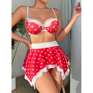 Uniforme sexy, ropa interior erótica, Falda corta de lunares seductora con estampado de encaje, Tanga y sujetador - Product Image 4